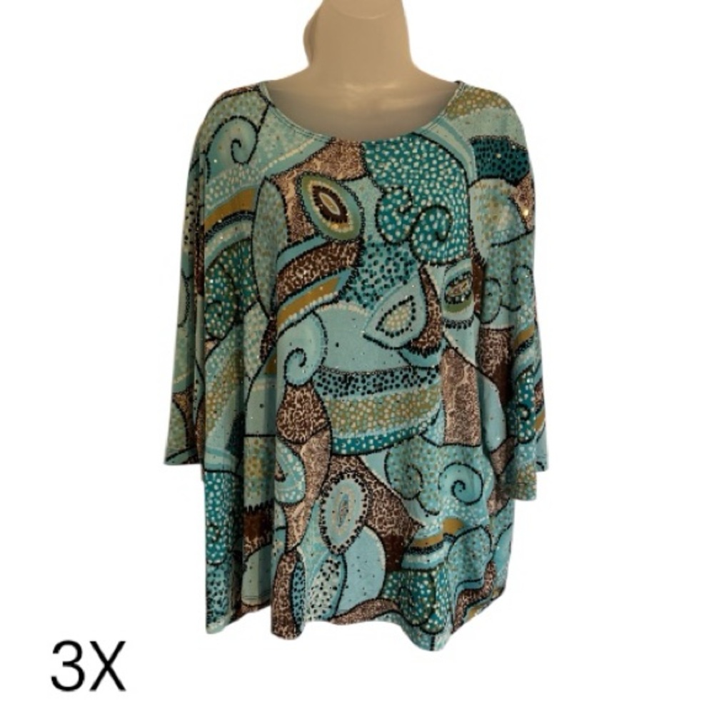 GORGEOUS AQUA/BROWNS PRINT SPRING TOP PLUS: 3X #D